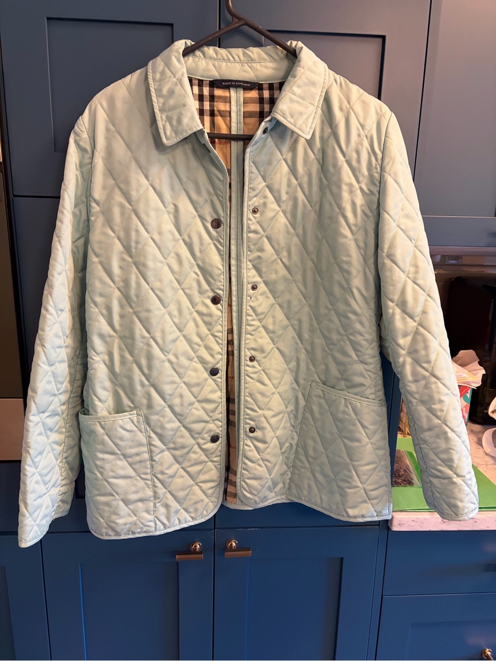 AS IS Burberry Womens Light Blue Quilted Jacket with Signature Nova Check Lining